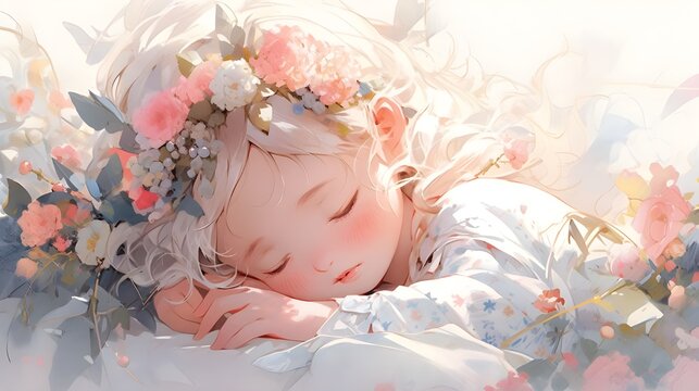 Little girl is sleeping with flowers