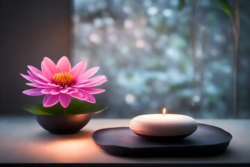 Obraz na płótnie Canvas Present a serene scene of a neon flower against a calming Zen background. 