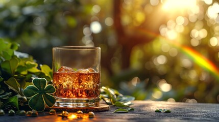 A glass of whiskey or scotch with a shamrock and rainbow.  - obrazy, fototapety, plakaty