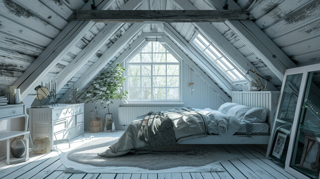 Scandinavian Style Attic Bedroom Interior, Cozy interior in the attic . Generative AI