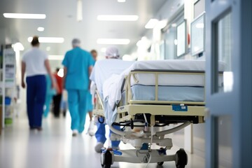 Obraz premium Hospital hallway with gurney and medical staff