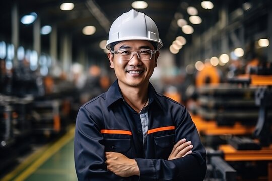 Portrait Of A Smiling Asian Male Engineer Wearing A Hard Hat In A Factory