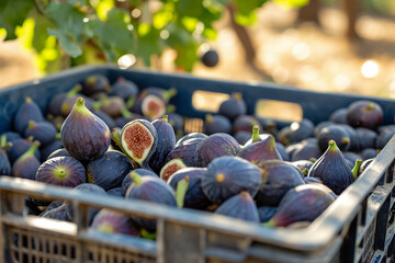 crate of plump figs, with a few still on the vine - obrazy, fototapety, plakaty