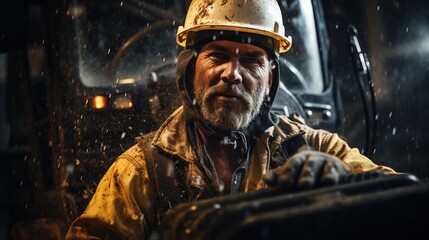 Fototapeta na wymiar Portrait of a male miner wearing a hard hat and protective gear in a dark mine