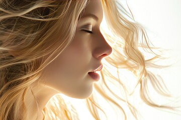 Woman profile with blonde hair on white background - obrazy, fototapety, plakaty