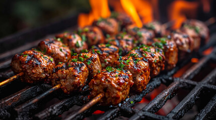 Spicy spare ribs, assorted veggies and chicken drumsticks grilling on a portable barbecue outdoors in a spring meadow with dandelions in a panorama format - obrazy, fototapety, plakaty