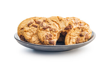 Sweet chocolate cookies on plate isolated on white background.