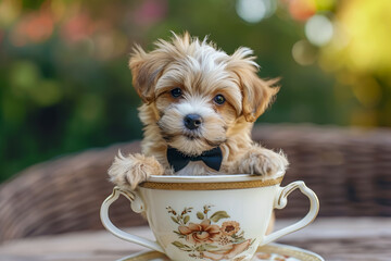 cute puppy wearing a bowtie and sitting in a teacup