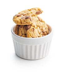 Sweet chocolate cookies in bowl isolated on white background.
