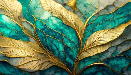 Fotobehang Magnifiques feuilles d'or avec texture d'arrière-plan marbré de couleur turquoise © Jojo Huyghe