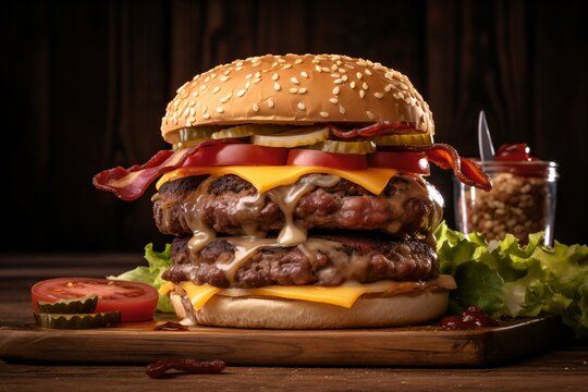 A delicious double cheeseburger with bacon and all the fixings