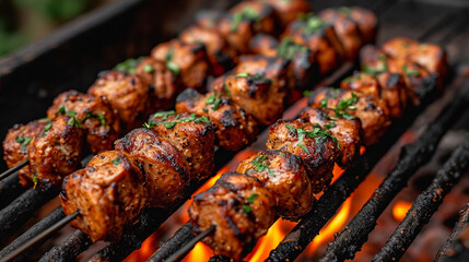 Assorted delicious grilled meat and bratwurst with vegetables over the coals on a barbecue - obrazy, fototapety, plakaty