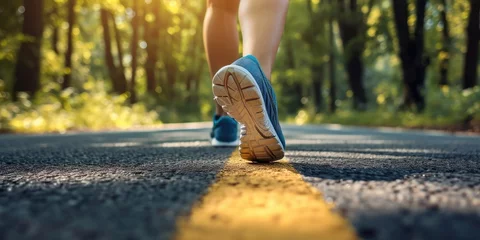  Female runner's shoes on an asphalt road, sunny morning © piai
