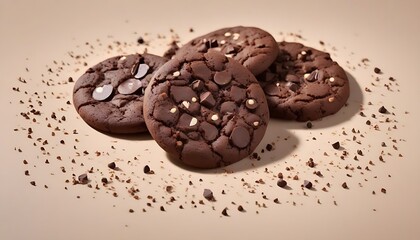 Fototapeta premium Dark chocolate chip cookies with white chocolate chips on them, cocoa around them, warm cream like brown background 