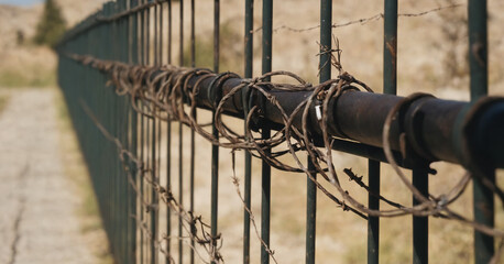 An isolated close-up of old, rusty barbed wire, highlighting its sharp and forbidding nature. The image conveys a sense of security, military defense, and the strict boundary it creates. - obrazy, fototapety, plakaty
