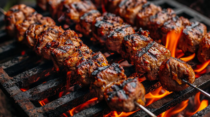 Assorted delicious grilled meat and bratwurst with vegetables over the coals on a barbecue - obrazy, fototapety, plakaty
