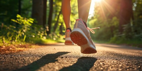 Female runner's shoes on an asphalt road, sunny morning - obrazy, fototapety, plakaty