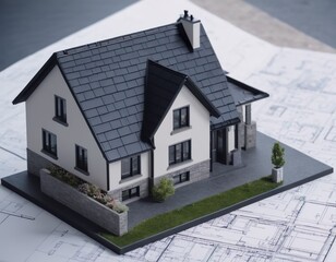 Model of new house with black tiled pitched roof on architecture blueprint plan close up.