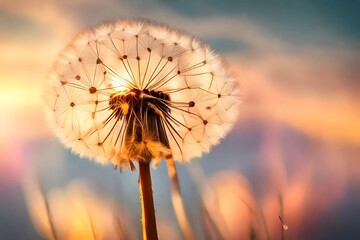 A dandelion releases its wishes into a sunset breeze, surrounded by a pastel sky and a gentle neon aura.