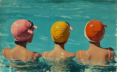Three women with colorful vintage swim caps in a pool