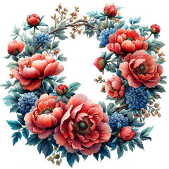 Set wreaths, heart with watercolor flowers roses. Hand painting floral frames. For greeting card, wedding invitation, poster, stickers and other printing. Isolation on white.