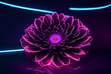 Craft a neon flower in a sleek and minimalist style against a metallic, reflective background.