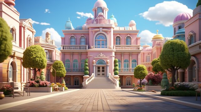 A pink palace in a cartoon world