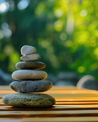 Obraz premium Several rocks stacked and balanced on a wooden deck