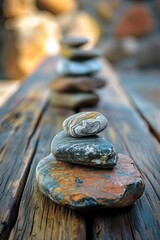 Fototapeta na wymiar Several rocks stacked and balanced on a wooden deck