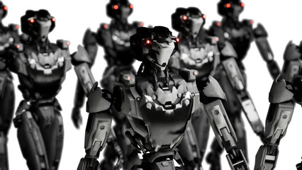 3d rendering of walking robotics army, industrial group of cyborg machines on white and green screen studio background.
