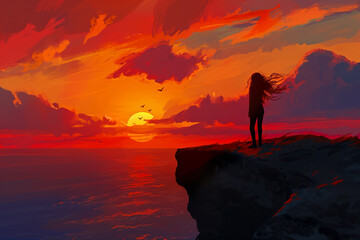girl standing on a cliff, looking out at the sunset, with her hair blowing in the wind