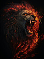 Fototapeta premium An image of a lion roaring, its mane made up of flames, in the style of symbolic realism created with Generative Ai