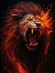 An image of a lion roaring, its mane made up of flames, in the style of symbolic realism created with Generative Ai