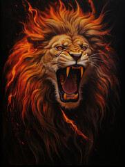 Naklejka premium An image of a lion roaring, its mane made up of flames, in the style of symbolic realism created with Generative Ai
