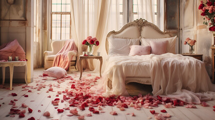 Romantic bedroom decorated with rose petals and candles for Valentines Day,Modern cozy bedroom. Chabby shic style. Pastel colors
