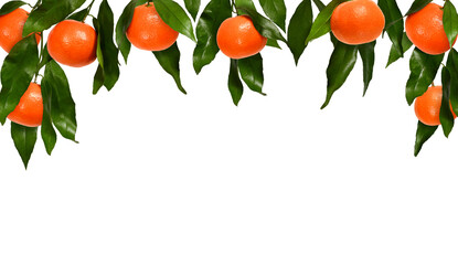 Summer composition. Ripe tangerines on a branch as a frame. Overlay background.