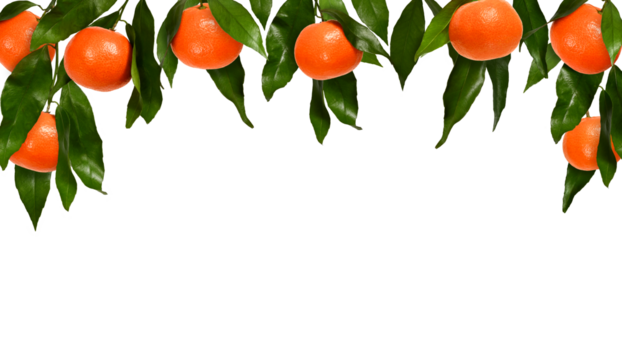 Summer composition. Ripe tangerines on a branch as a frame. Overlay background.