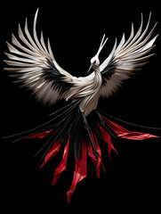 Fototapeta premium An origami crane mid-flight, morphing into real birds, in the style of transformational art created with Generative Ai