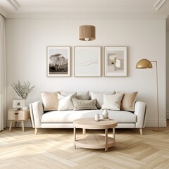 Modern living room interior with white sofa and wooden coffee table