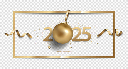 Happy New Year 2025 background with Christmas decoration and confetti in golden frame, isolated on transparent background.