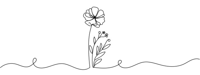 Hand drawn flower continuous. Spring flower with leaves. Botanical decorative drawing element. Vector illustartion