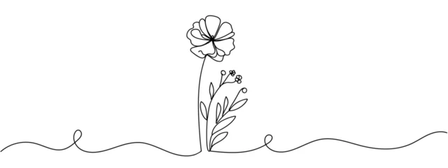 Photo sur Plexiglas Une ligne Hand drawn flower continuous. Spring flower with leaves. Botanical decorative drawing element. Vector illustartion
