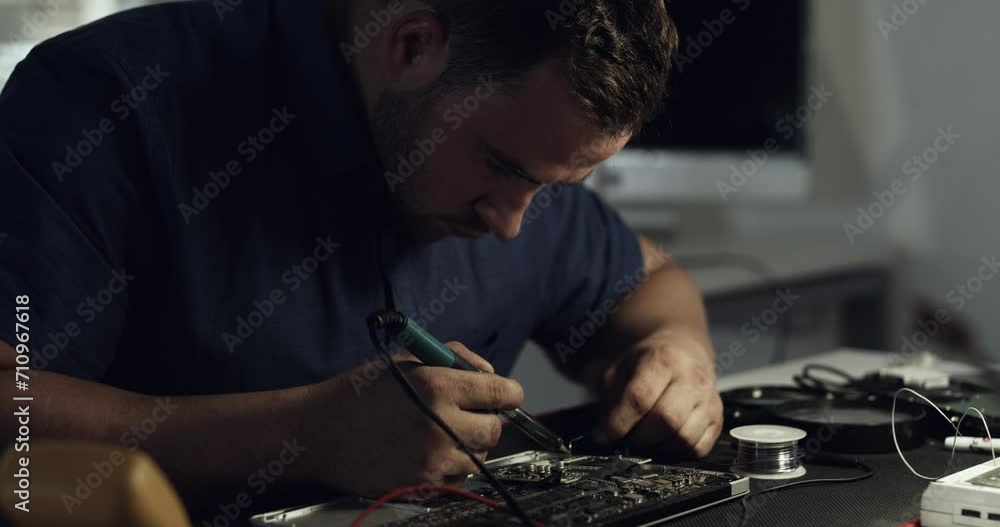 Poster laptop motherboard, soldering and man repair computer, electronics or maintenance of semiconductor. 
