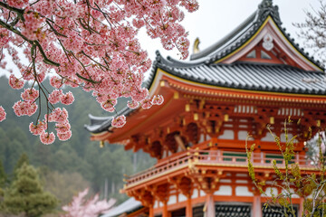 Japanese temple with a cherry blossom tree in the foreground