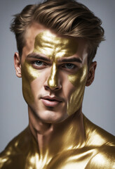  guy in gold paint, body art glitter metallic paint.