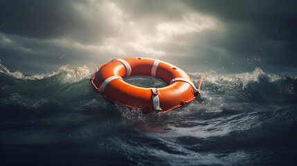 red Lifebuoy floating at sea in storm wave sea,Lifebuoy floating at sea - Generative AI
