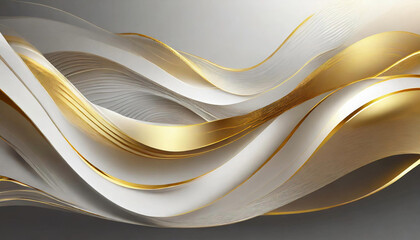 3D Light White Background with golden waves and gradient effect; abstract wallpaper; elegant horizontal banner.