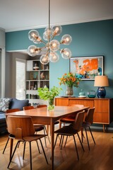 Mid Century Modern Dining Room With Blue Accent Wall