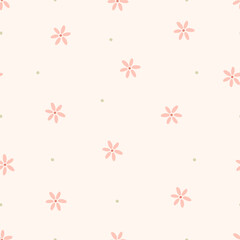 Fototapeta na wymiar Gentle seamless pattern with small sprout and flowers. Nursery minimalist print. Printing on textiles, wallpaper, wrapping paper. Vector illustration in flat style
