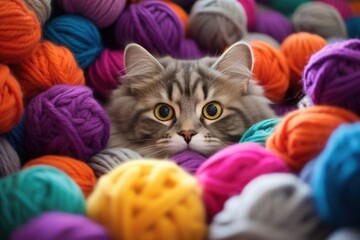 Lovely playful kitten play with ball of yarn, cute pets.